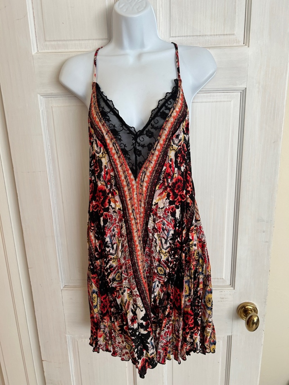 Floral V-Neck Slip Mini Dress with Lace Trim - Red, Black, Cream